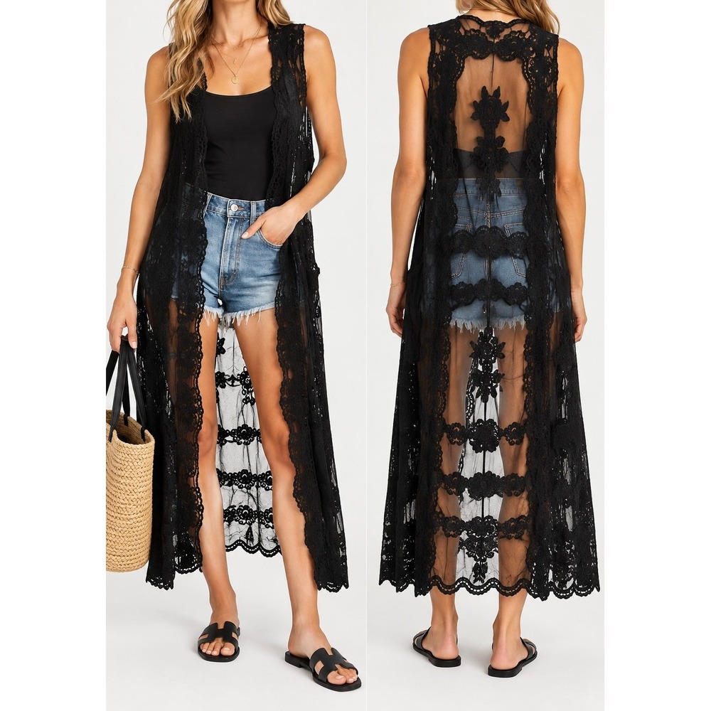 Rachel Zoe Black Lace Maxi Duster One Size NWT Sheer Embroidered Boho